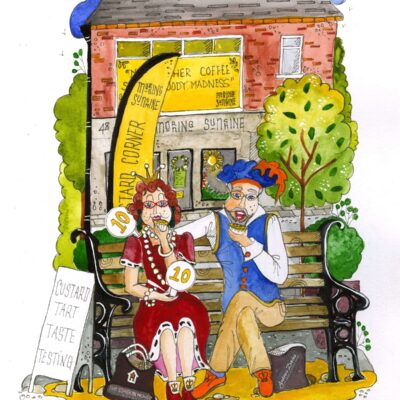 DISH Design Studio - The adventures of Betty and Bob  - Custard Tart taste testing - watercolour