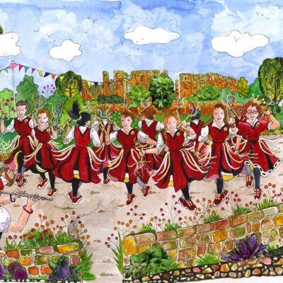 DISH Design Studio - The adventures of Betty and Bob - Betty joins the Chinewrde Morris Dancers - watercolour