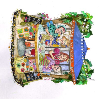 DISH Design Studio - The adventures of Betty and Bob - Betty joins the Knit and Natter club - watercolour