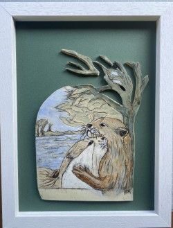 Wendy MacSkimming - Otters - Ceramic stoneware tile - framed