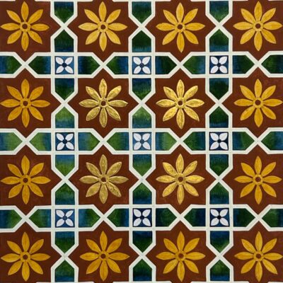 Sehar Sajid - Uchh. Inspired by the tile work of Mian Ghulam Nabi in Uchh, Pakistan.  Handmade pigment paints and genuine 24k gold. Size: A2