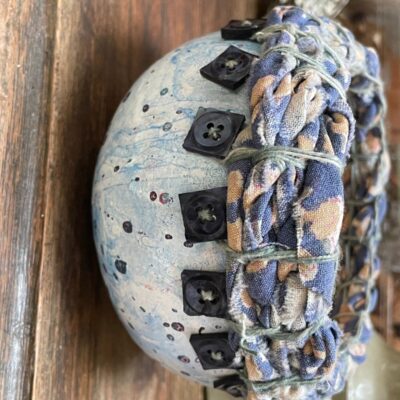 Jane Ingall - painted gourd bowl with fabric coiled rim and bead decoration