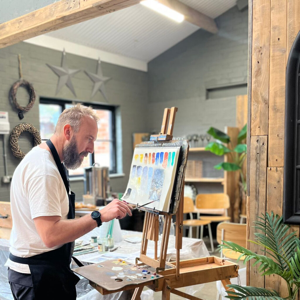 Andrew Field teaching an oil painting workshop at Cobbs Farm