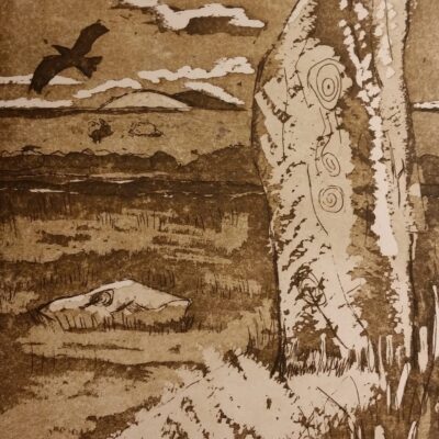 Machrie is a standing stone site on the isle of Arran. The atmosphere there inspired this print.
