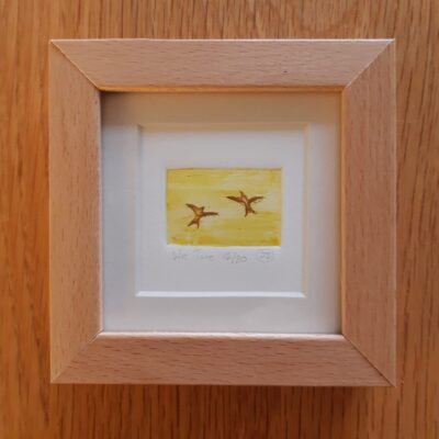 ‘We Two' – a tiny framed print of two skylarks, comes in yellow, blue or green ink