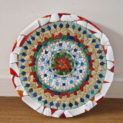 Bangalore mandala mosaiced with vitreous glass and broken ceramic on a 12 inch round board