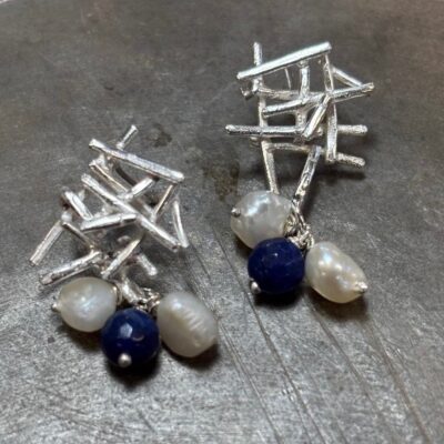 Pick Up Stix earrings with ethically sourced pearls and lapis lazuli beads