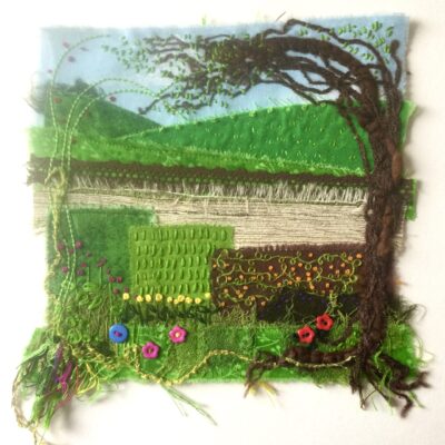 Summer garden. Textile collage with hand and machine stitch.
