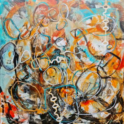  Acrylic painting on canvas. An abstract painting using paint and textures to express an inner response to music and movement. Spontaneity and control coexist, with multiple elements happening at once. The outcome is the happy dance.