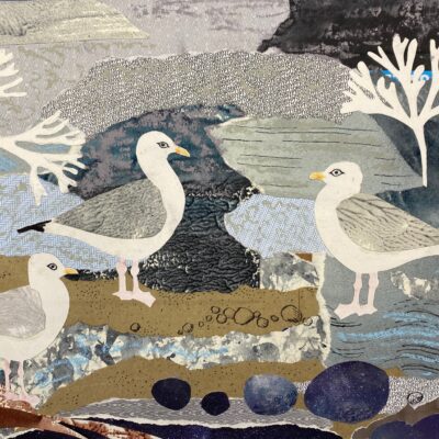 A4 Herring Gulls, in the harbour on the Norfolk coast. Collage and mixed media