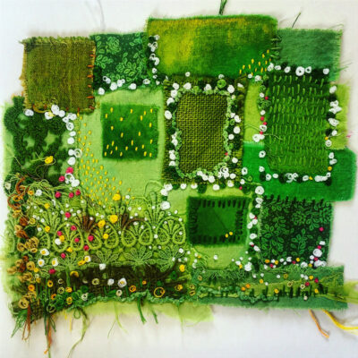  Spring Fields. Textile collage with machine and hand stitch.