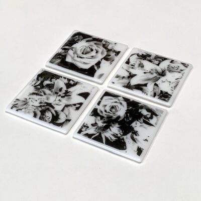 Roses and Lillies - Coasters - Set of Four - Fused Glass - Black, White