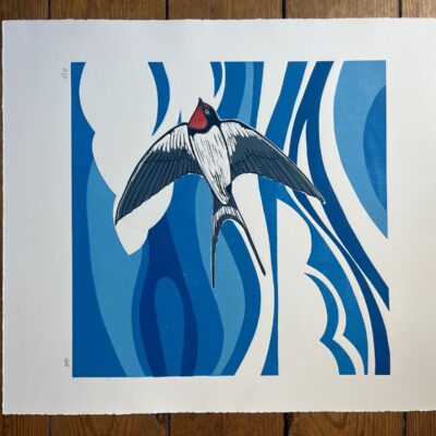 Swallow - jigsaw and reduction limited edition linocut original print