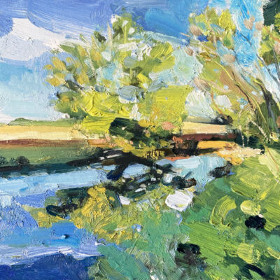 Andrew Field Blue Skies and Ochre Fields Along The River, oil on board, 13cm x 18cm, 2025, £250