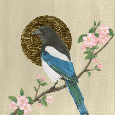 Magpie print hand finished with gold leaf