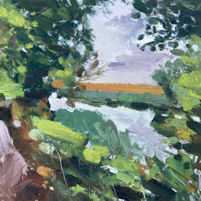 Cool Grey Skies and Orange Fields, oil on board, 13cm x 18cm, 2025, £250