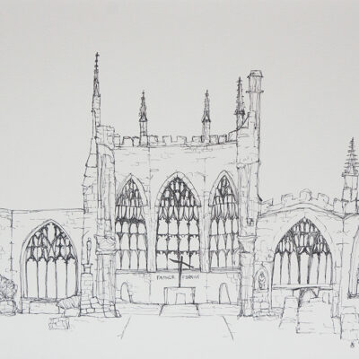 Ink study of Coventry Cathedral