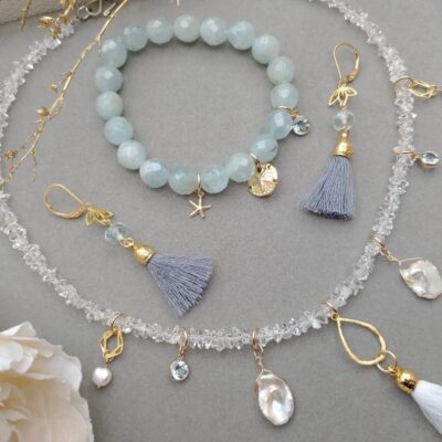 Crystal necklace with aquamarine and sea glass