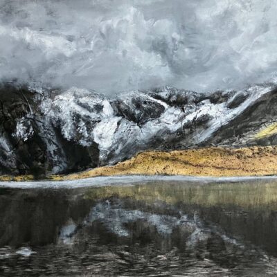 Jane Yates 'Cwm Idwal Winter' mixed media on canvas board, available to view and purchase at Venue 26, or contact sweetlimeart@gmail.com