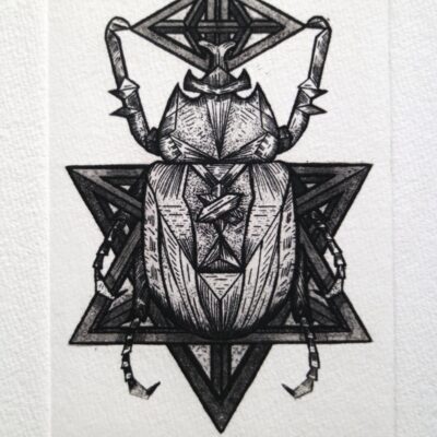TITLE: Equilateral  METHOD: Copper Etching With Aquatint  EDITION SIZE: 1/40   ART (PLATE SIZE): 10 x 7 cm  PAPER: Hahnemühle, Natural White. 6x8”   INK: Strong & Soft Black Etching Ink.   MOUNT: Size:6” x 8” (Aperture 3.5 x 5”)  BUY: https://www.puncturedartefact.com/product-page/etching-equilateral  ART NOTES:The piece features a beetle within a Tetrahedron.