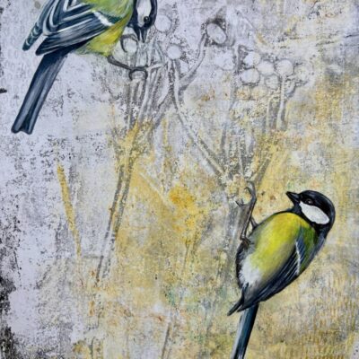 Great tits on a disappearing Hedgerow, monoprint and paint on paper, 2025