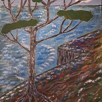  Green Tree, Aqua Sea and Clifftop, original acrylic artwork copyright Sheila Robinson