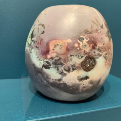  Saggar fired porcelain form with beeswax, may fade in sunlight.