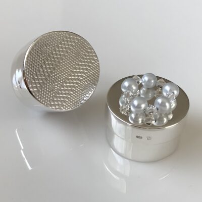Two commissioned silver boxes - one set with Swarovski crystals and cultured pearls