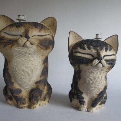  Two Teacup Kitties ~ high-fire stoneware and porcelain with slip and oxides