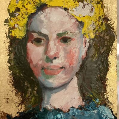 POPI K 'Girl' Encaustic on wood 20 x 30cm