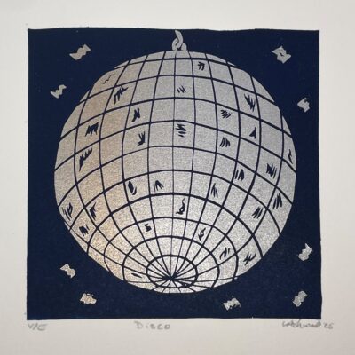  Two layer mini Linocut print of disco balls