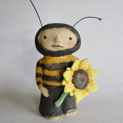 Bumble Boy ~ high-fire stoneware with oxides and stains, metal wire