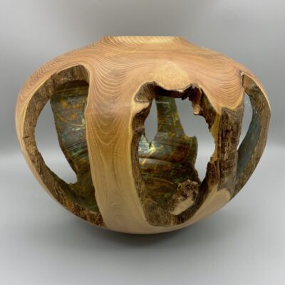 Phil Irons Black Locust hollow form with variegated metal leaf interior. 300mm H x 330mm D (SOLD)