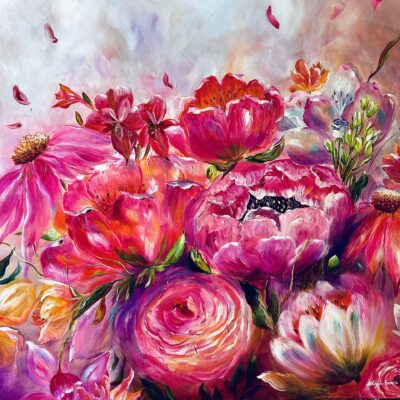 ‘She Rises From Within’ 90x90cm £850. Bold radiant blooms dance across the canvas, full of energy and movement, capturing the spirit of an unstoppable woman, stepping into her power.