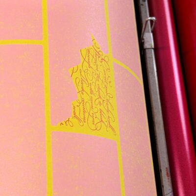 Hand-lettered script on the Pyramus and Thisbe letterpress print