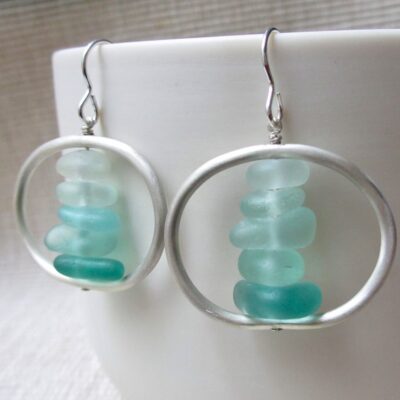 Seaglass cairns in sterling silver hoops earrings