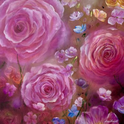 ‘Radiant Beauty’. 50cmx50cm £550. A celebration of feminine strength, joy and self-worth in full bloom. Powerful and nurturing. This painting gently commands attention whilst radiating warmth.