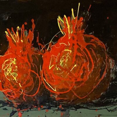 Popi K 'First pomegranates' Encaustic on wood 25 x30 cm