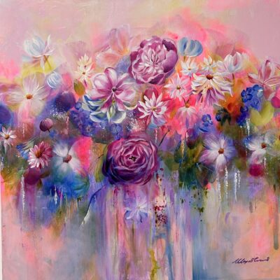 Nikki Lloyd-Evans ‘Dancing Through Rainbows’. 60x60cm £699. Bold uplifting floral artwork bursting with colour, movement and optimism. A celebration of joy, strength and the beauty of celebrating life in full bloom.