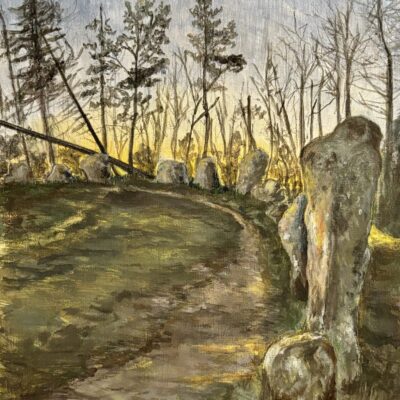 The Rollright Stones at Dusk, acrylic on canvas board, 2025
