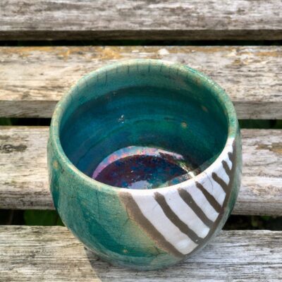 blue and striped raku pot £35