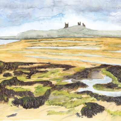 'Beachcombing' - Dunstanburgh Castle, Northumberland. Watercolour. Acrylic. Original & Prints Available.