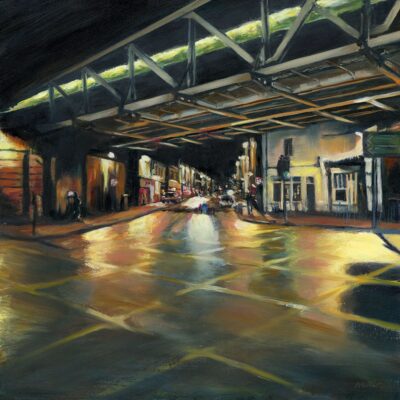 'Midnight Train to Lem'- oil on board. SOLD- but you can purchase a limited edition giclee print from my website at https://julieswinsco.com