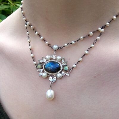 Arts & Crafts inspired Pearl and Gemstone Necklace