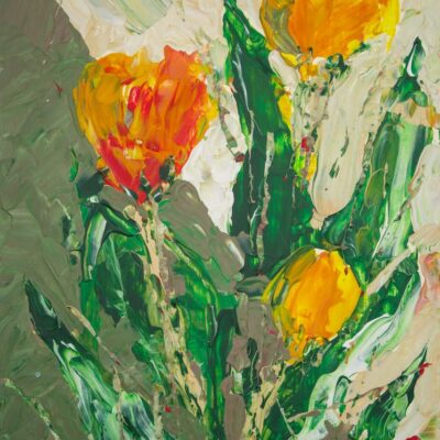 Orange tulips, acrylic on board