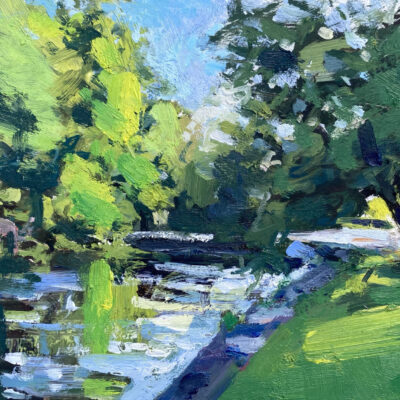 Looking Towards The Lock At Lucy's Mill, oil on board,15cm x 10cm, £150