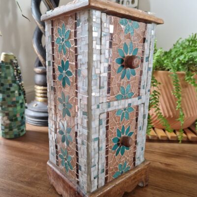 Mosaiced wooden drawer. Upcycled using vitreous glass