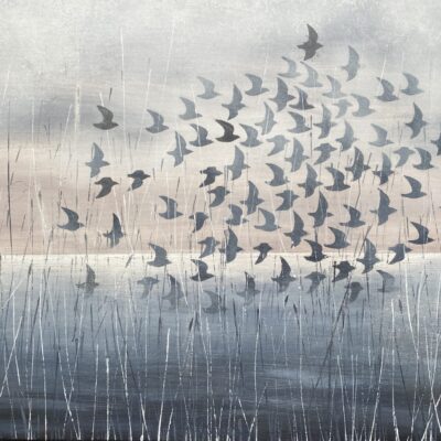 Starlings, seen among the reed beds near Bosham on the South Coast, acrylic on canvas