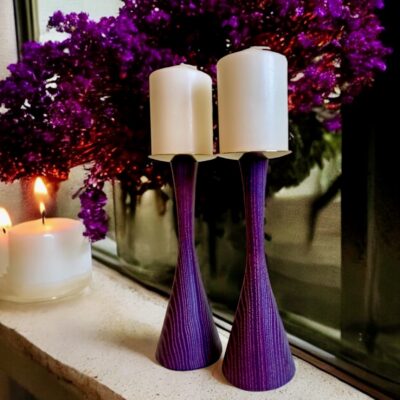 Pastel Blue Limed Brass Dished Swept Waisted Pillar Candle Holders