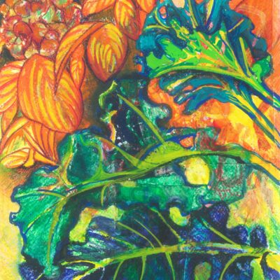 Purple Sprouting Brocolli, mixed media painting
